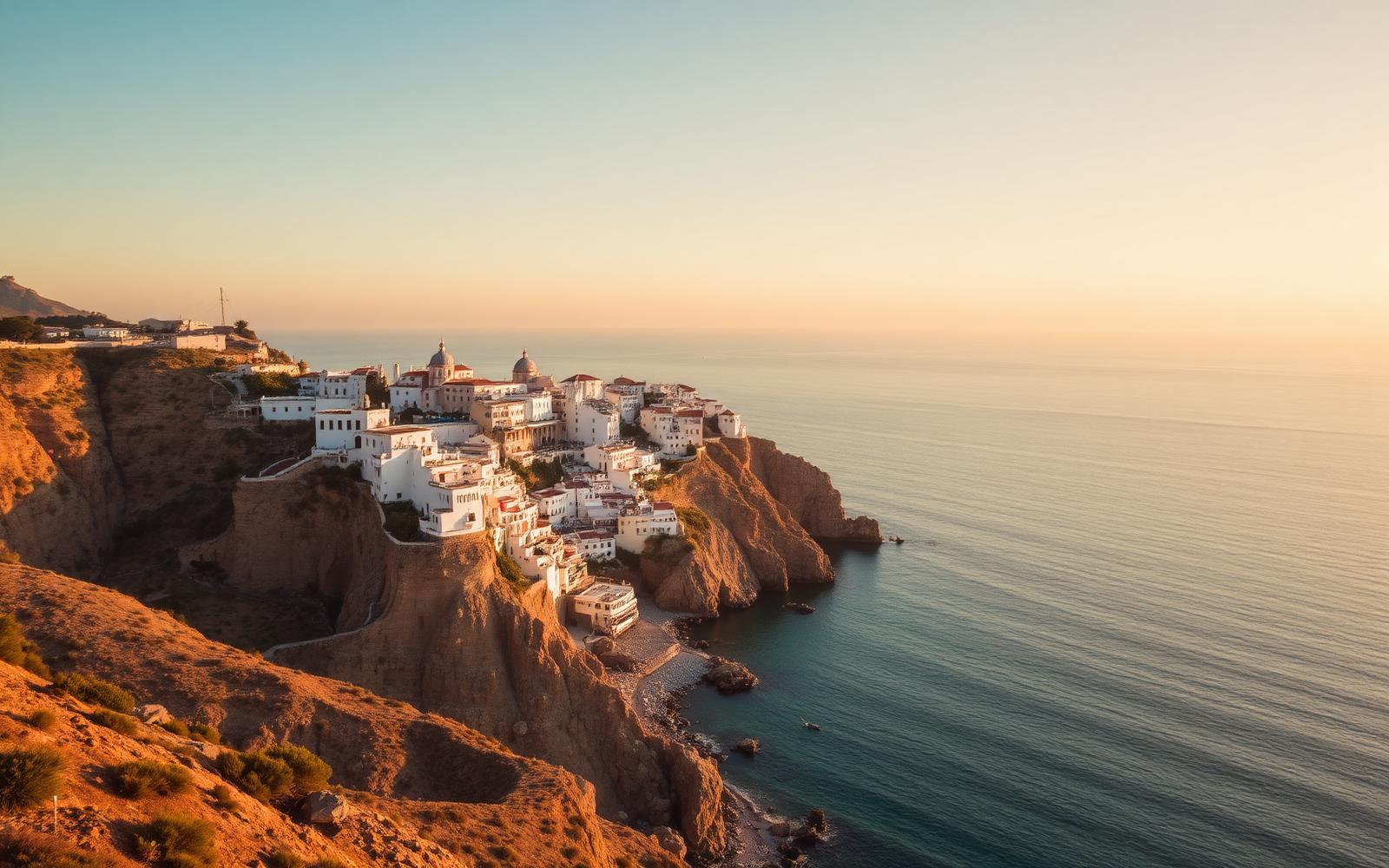 Aerial view of a cliffside coastal town at golden hour